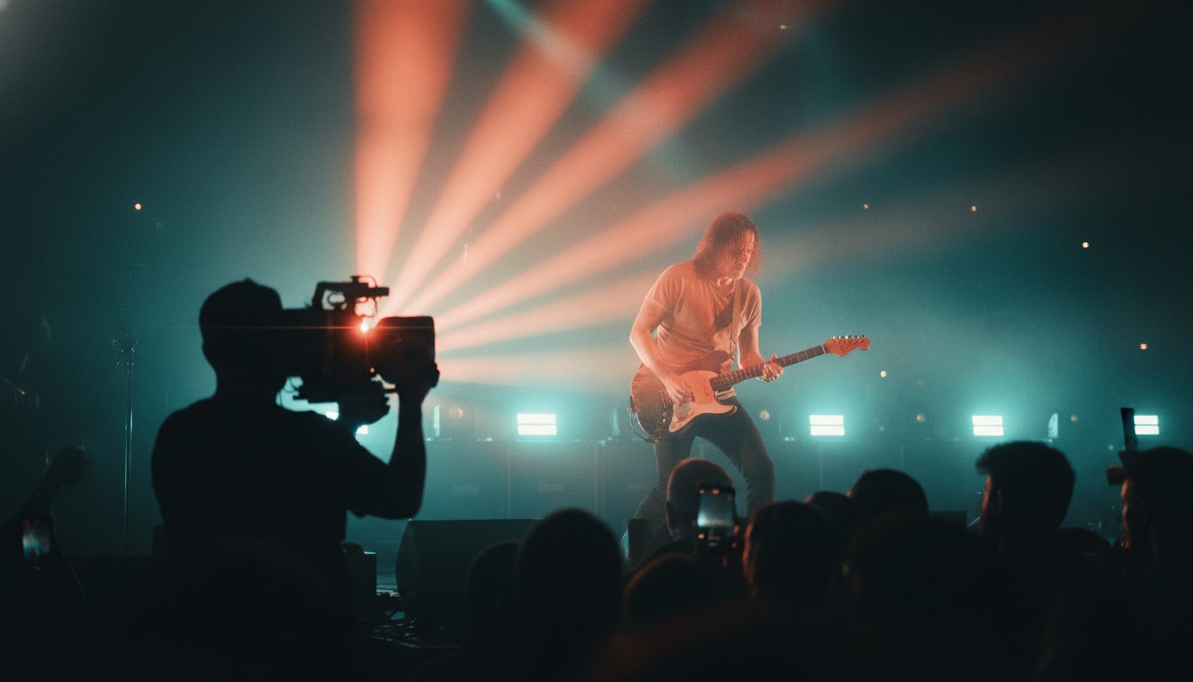 A stage performer under colored lights, cinematic concert still.