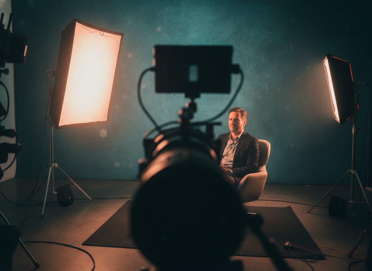 A corporate interview setup with soft key light, cinematic still.