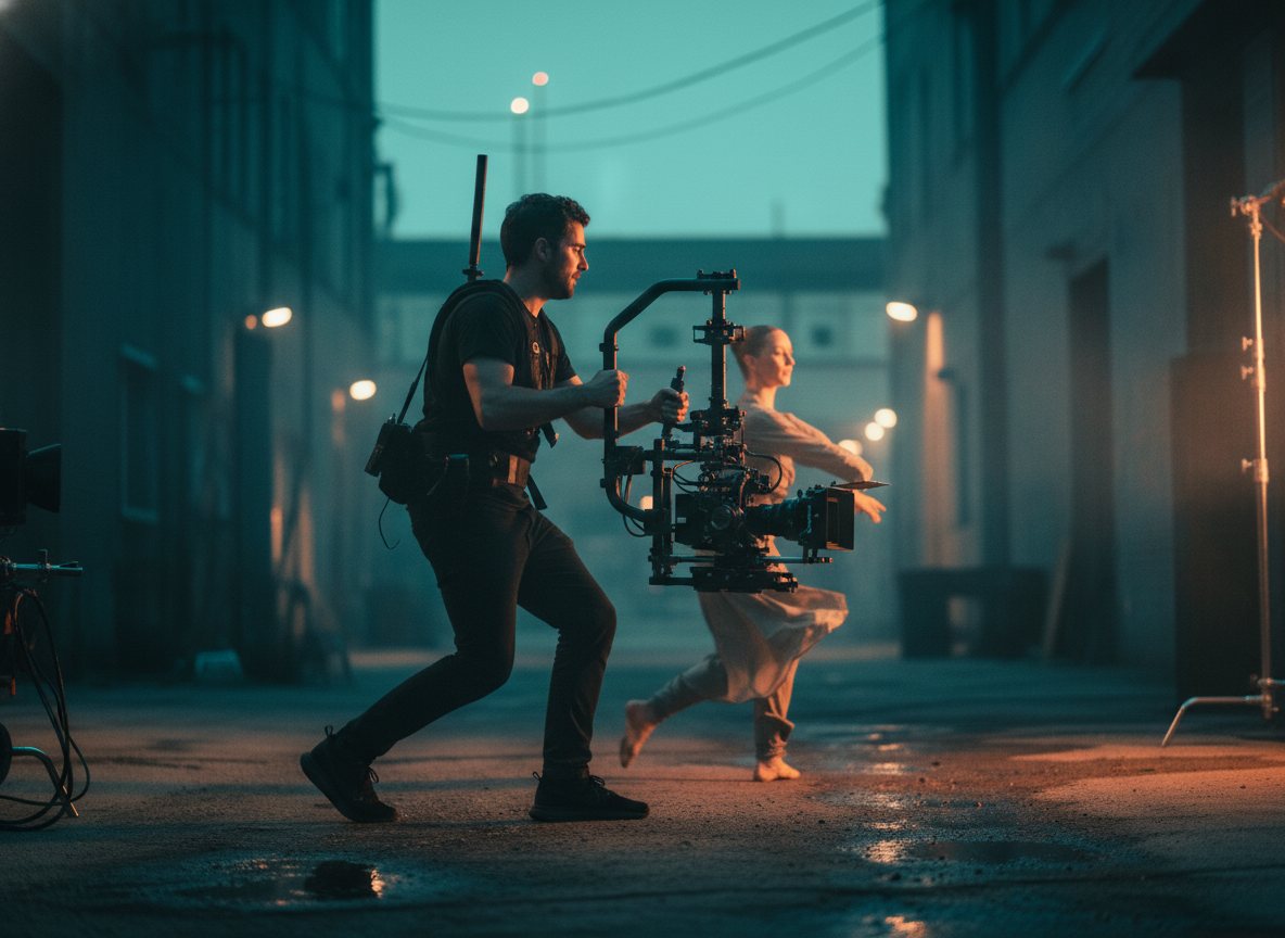 A camera operator moving with a gimbal during a shoot, cinematic motion blur.