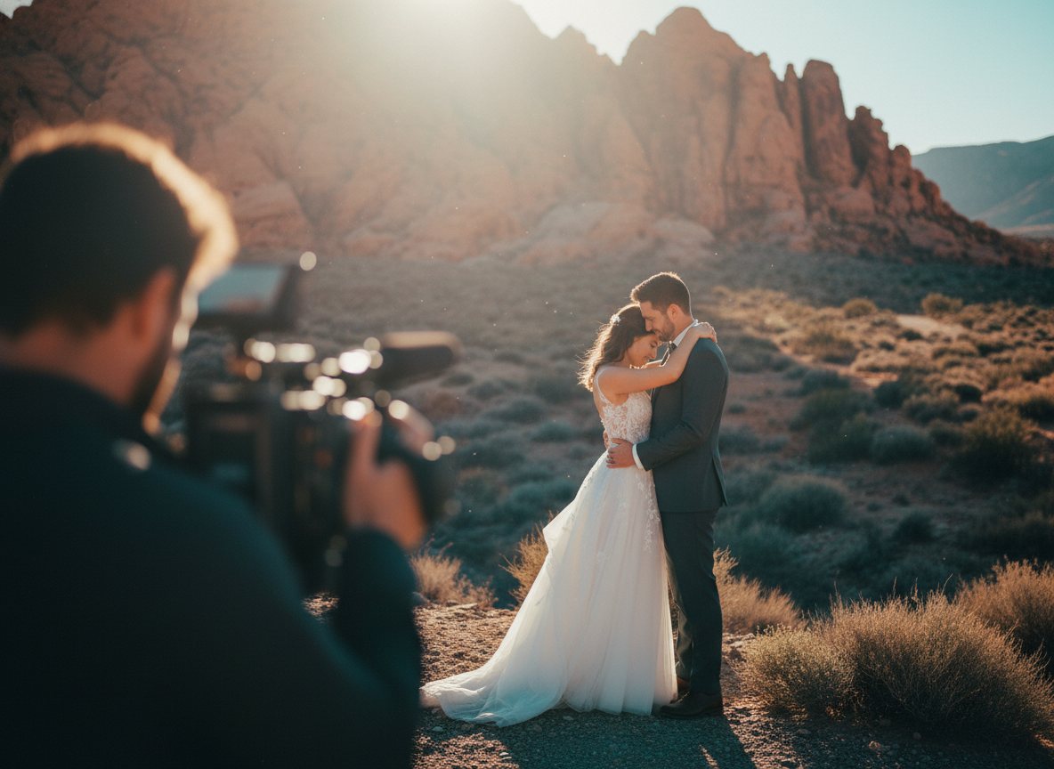 A bride and groom in golden-hour light, cinematic wedding still.